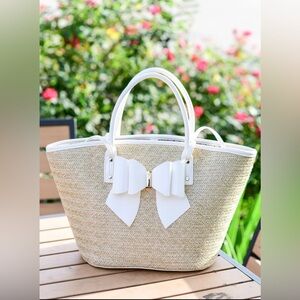 White-Trim Straw Tote Bag with Bow Accent like dreams